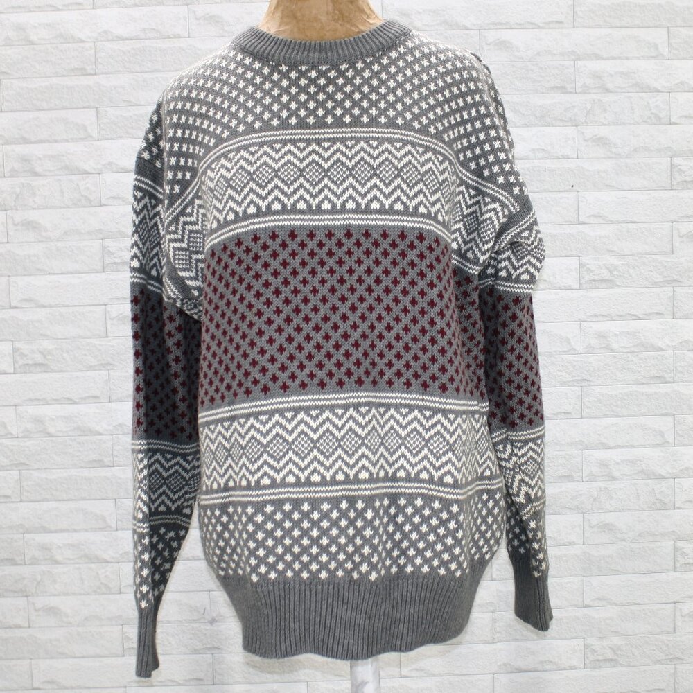 CLAIBORNE Sweater Knit Crewneck Fair Isle Thick Chunky Striped Grey Red Men's M